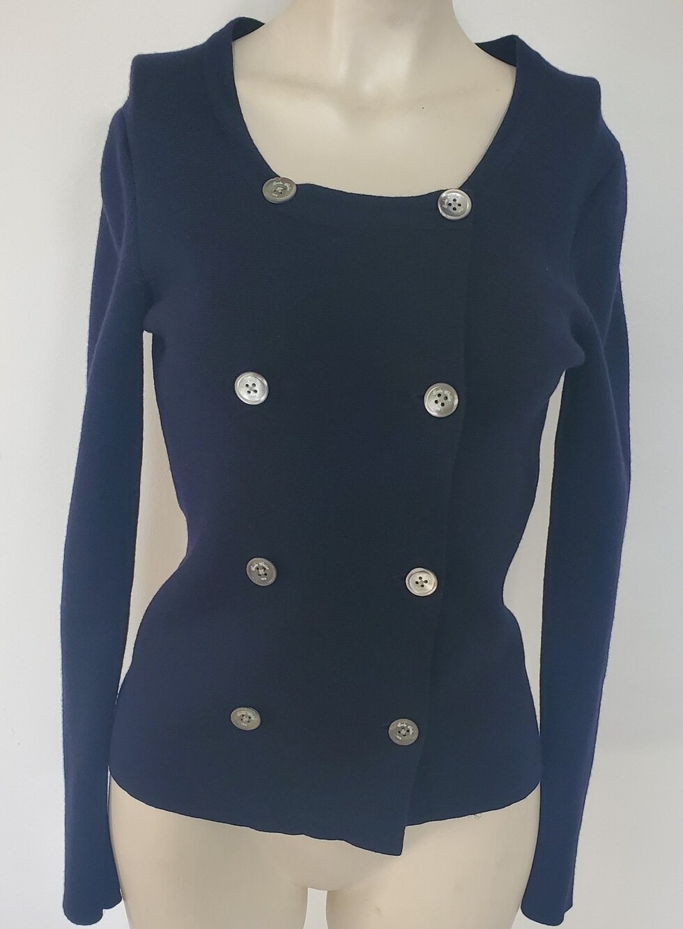 BROOKS BROTHERS navy blue merino wool double breast cardigan XS quiet luxury